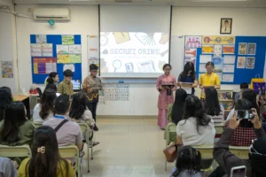 Grade 5 students of Sekolah Victory Plus, an international school in Bekasi, presenting their movie project to their parents during their learning celebration.