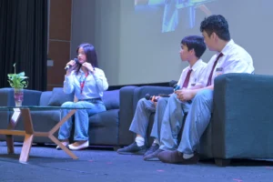 Annieza, the guest speaker of the Caring Month Talk Show, presented her insights to the secondary students at Sekolah Victory Plus Bekasi, an international school in Indonesia.